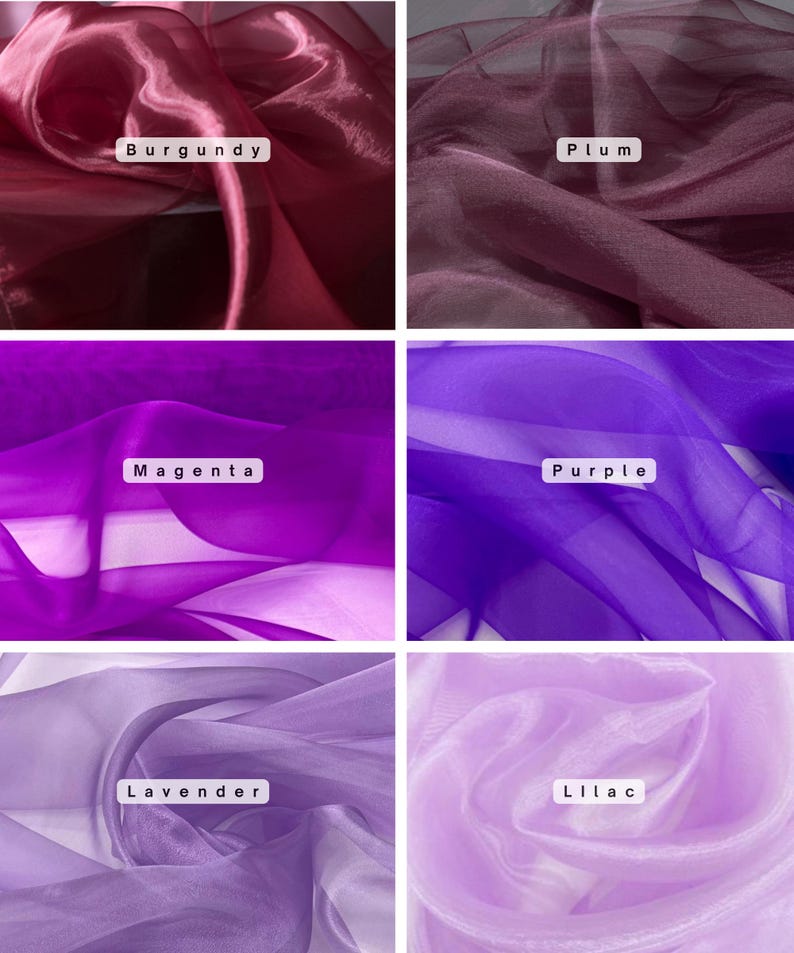May include: A collection of six swatches of sheer fabric in various shades of purple and violet. The colors include burgundy, plum, magenta, purple, lavender, and lilac. Each swatch has a white label with the color name.