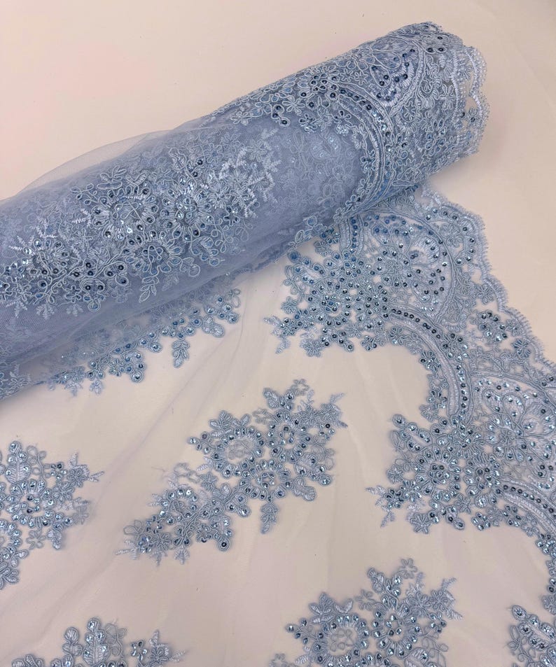 Baby Blue Floral Lace by the Yard, Light Blue Lace Fabric With Beaded ...