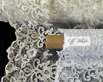 Embroidered Floral Lace Fabric, Stretchy Floral Ivory/Off White Lace Fabric by the Yard Sequin Tulle Lace for Bridal Gown Wedding Dress Veil