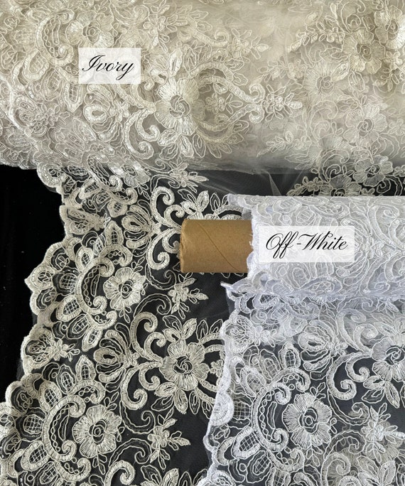 Embroidered Floral Lace Fabric, Stretchy Floral Ivory/Off White Lace Fabric by the Yard Sequin Tulle Lace for Bridal Gown Wedding Dress Veil