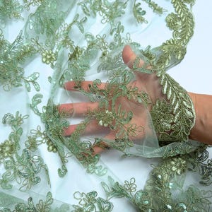 Floral Sage Green Lace Fabric by the Yard Sequined Embroidered on Sage Lace Floral Embroidery Corded with Sequins on Lace for Gowns, Saree