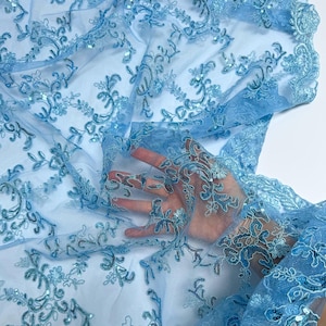 Baby Blue Floral Lace by the Yard Embroidered Light Blue Lace Fabric with Sequins,Blue Lace Fabric Embroidery with Sequins on Mesh | Bloom