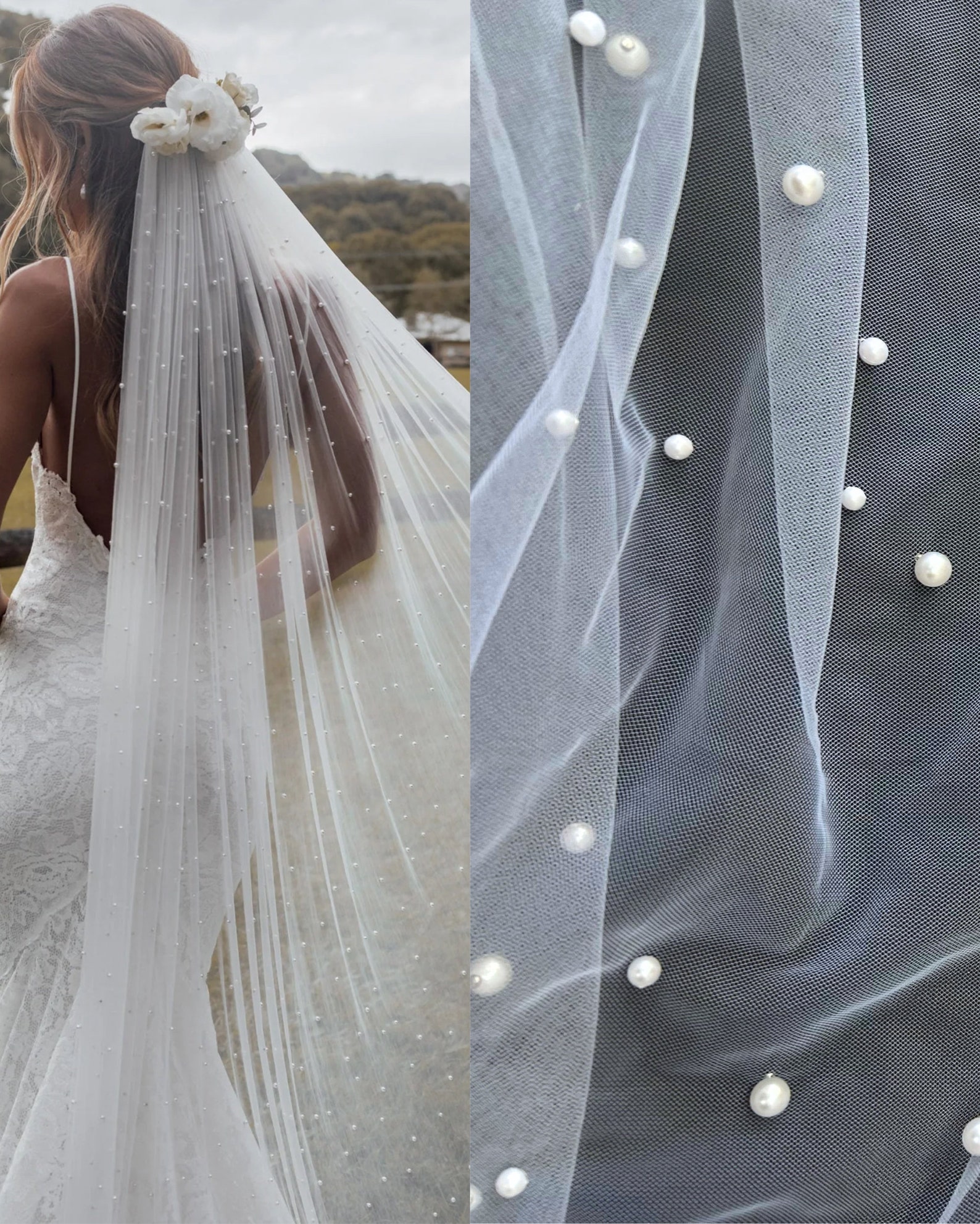 White Pearl Tulle Fabric, Scattered Pearls Studded Mesh, White Tulle ...