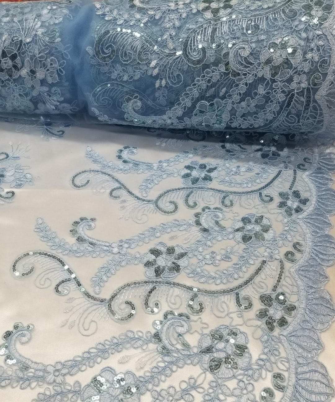 Baby Blue Floral Lace by the Yard, Embroidered Light Blue Lace Fabric ...