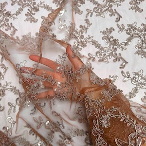 Metallic Brown Floral Lace by the Yard, Embroidered Rust Lace Fabric with Sequins, Floral Brown Lace Fabric Embroidery with Sequins on Mesh