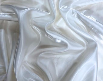 White Liquid Satin Fabric by Yard, Crystal Reflective Ultra Glossy Shimmer White Silky Satin Fabric for Bridal Gowns, Couture, Dress