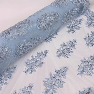 Light Blue Floral Lace by the Yard, Embroidered Baby Blue Lace Fabric with Sequins, Blue Lace Embroidery with Sequins on Mesh Lace Fabric