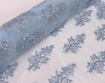 Light Blue Floral Lace by the Yard, Embroidered Baby Blue Lace Fabric with Sequins, Blue Lace Embroidery with Sequins on Mesh Lace Fabric