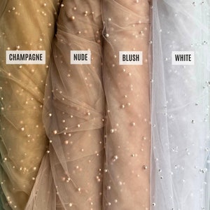 Pearl Tulle Fabric, Soft Tulle Lace Fabric with Pearls for Bridal Dress Bridal Veil, Scattered Pearls Studded Mesh, Pastel Colors Tulle