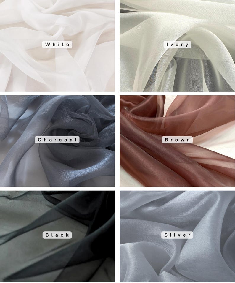 May include: A collection of sheer fabric swatches in various colors. The swatches include white, ivory, charcoal, brown, black, and silver. Each swatch has a label with its color name. The fabric appears lightweight and flowing.