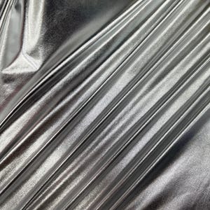 Metallic Silver Lame Foil Spandex Fabric by the Yard, 4 Way Stretch Silver Lame Fabric All Over Foil on stretch Knit for Leggings, Dresses