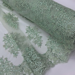 Sage Green Floral Lace by the Yard, Embroidered Sage Green Lace Fabric with Sequins, Sage Lace Embroidery with Sequins on Mesh Lace Fabric