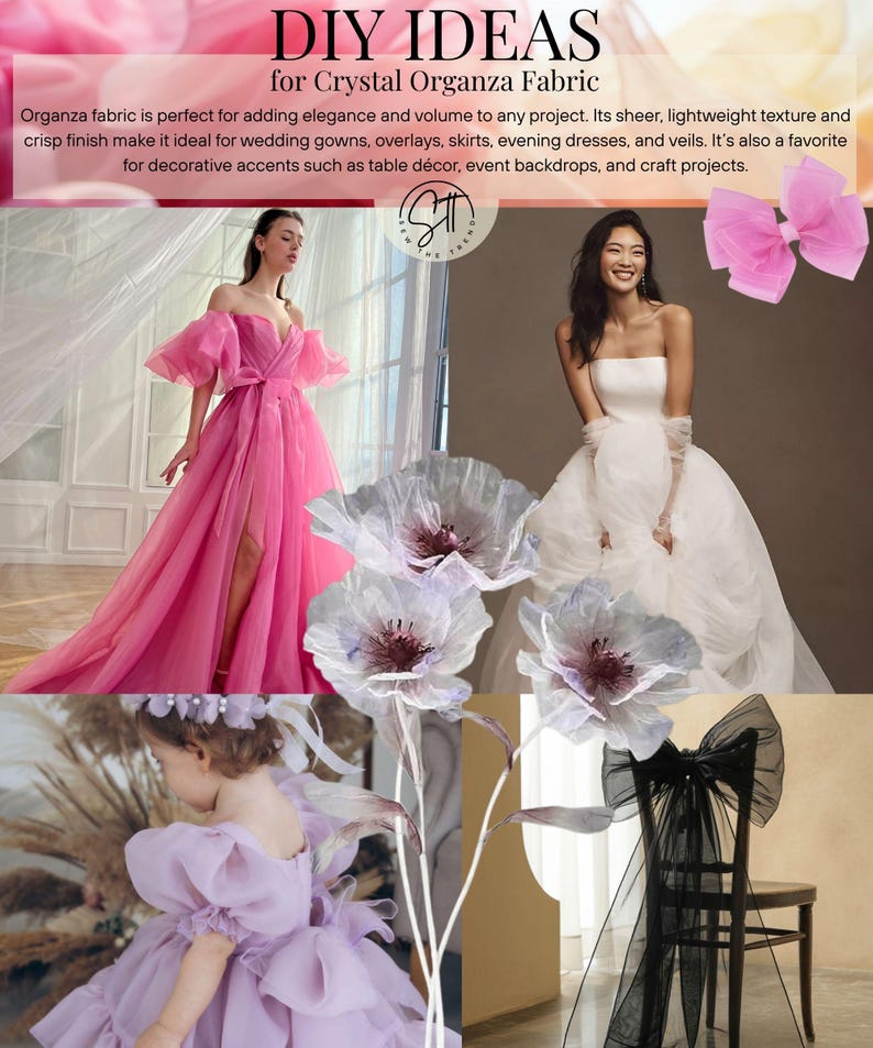 Organza Fabric by the Yard, Premium Soft Tulle Fabric 60" Wide, Sheer Crystal Organza Fabric for Bridal Gown, Puffy Dress, Wedding, Decor. organza flowers, organza dress, organza saree.