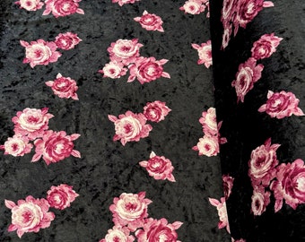 Floral Print Velvet Fabric, Stretch Floral Crushed Velvet Fabric by the Yard, Stretch Printed Black Velvet, Multicolor Soft Velvet/Velour