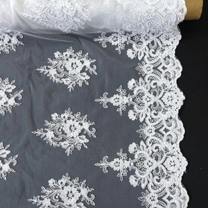 Off White Embroidered Lace Fabric, Stretchy Floral Ivory/Off White Lace Fabric by the Yard, Sequin Tulle Lace for Bridal Gown Wedding Dress