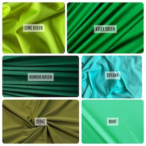May include: A collection of fabric swatches in various shades of green, including lime, kelly, hunter, tiffany, olive, and mint. Each swatch has a label with its color name. The fabrics appear to be smooth and possibly satin or silk.