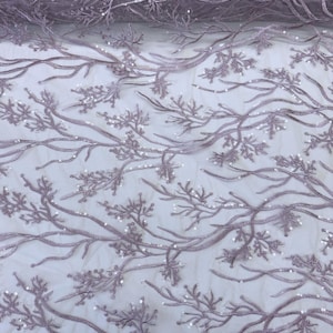 Light Lilac Lace Fabric, Lilac Embroidered Lace Fabric, Floral Embroidery with Sequins on Mesh Lace Fabric by the Yard, Branch Embroidery