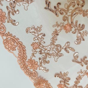 Luxury Beaded Design - Coral - Sold By Yard Floral Fabric Embroidered w/ Pearls-Beads on Mesh Lace main image 0