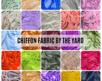 May include: A collection of 25 different colors of chiffon fabric, each swatch is labeled with a number from 1 to 25. The fabric is a sheer, lightweight material that is often used for clothing, curtains, and other decorative purposes.  The text "CHIFFON FABRIC BY THE YARD" is displayed in the center of the image.