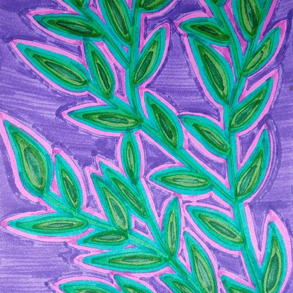 leaves on purple, abstract original handmade drawing, digital download