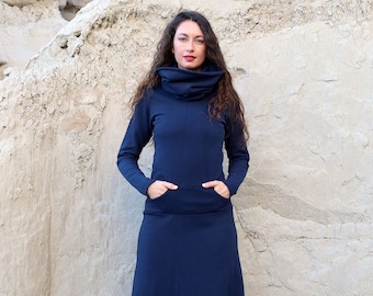 Women's ORGANIC Chunky Cowl Darjeeling Long Fleece Dress - ( FLEECE Hemp/Organic Cotton Knit  ) - winter dress