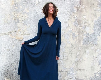 Hemp Dress - ORGANIC Hooded Eclipse Wanderer Long Dress ( LIGHT hemp/organic cotton knit ) - organic dress