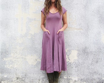 Women's ORGANIC Crescent Perfect Pockets Below Knee Dress ( LIGHT hemp/organic cotton knit ) - organic hemp dress