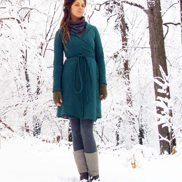 ORGANIC Hooded Wrap Short Fleece Dress ( hemp and organic cotton fleece ) - organic wrap dress