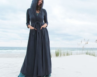 ORGANIC Hooded Perfect Pockets Belted Long Cardigan ( LIGHT hemp/organic cotton knit ) - organic hemp jacket