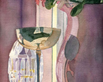 Watercolor Still life Antique pitcher silver glass reflections Giclee Reproduction 12x9