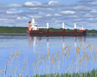 Ship on the St. Lawrence River acrylic painting Giclee Reproduction 10 x 13