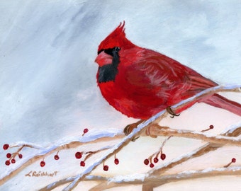 Red Cardinal on snowy branches painting Giclee Reproduction 5 x 7