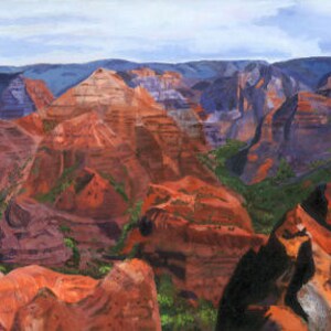 May include: A panoramic view of a canyon with red, brown, and purple rock formations. The canyon is covered in lush green vegetation.