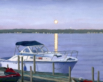 Dusky Blue Moon on the water Boat dock Giclee Reproduction 8.5 x 13