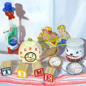 May include: A still life painting of various objects including a cookie jar, a toy, a flower arrangement, and several clocks. The cookie jar is white with a black face and the words "COOKIE" written around the face. The toy is a red and blue bird with a blue hat. The flower arrangement is in a yellow basket with pink flowers. The clocks are all different shapes and sizes. The painting is on a white background with a red and white striped tablecloth.