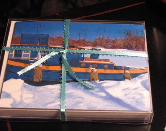 Tugboat Canal winter scene cards boxed.  Set of 10 cards with Envelopes.
