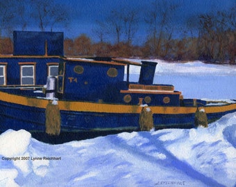Snowy Winter Boat on the Canal Fine Art Giclee Reproduction  8 X 10