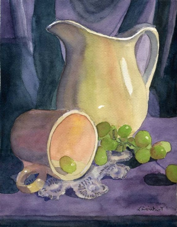 Still Life Purple Pitcher Drapes And Grapes Watercolor Etsy