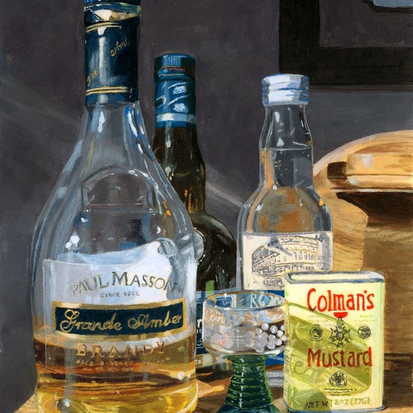 Cocktails glass bottles liquor still life acrylic painting Giclee Reproduction 10x13