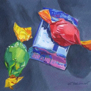 Framed Still Life Chocolate foil wrapping candy 5 x 7 acrylic painting