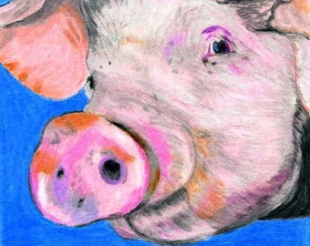 Cute Pink Pig colored pencil painting print Farm animals kids