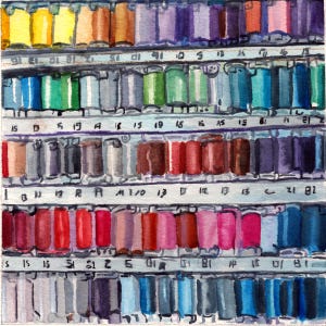 May include: Watercolor painting of a shelf filled with spools of thread in various colors. The spools are arranged in neat rows, with a wide spectrum of hues, from vibrant reds and blues to muted grays and browns. Numbers are visible on the shelf.
