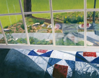 Original Painting Reflections quilt Spring Window scene acrylic 14 x 18 inches