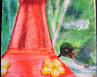 Hummingbird at the Feeder Print ACEO Color Pencil Summer Scene