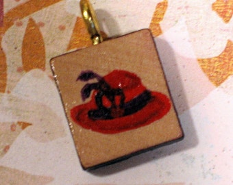 RED HAT Scrabble Tile Pendant Necklace hand painted