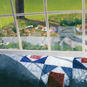 Spring Windowscape Quilt Flowers colorful Giclee Reproduction 11x14