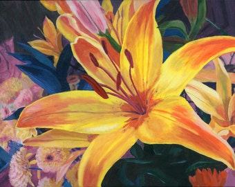 Orange and Yellow Lily bouquet flowers acrylic painting Giclee Reproduction 11x14