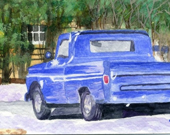 Vintage Blue Chevy Truck Watercolor 4 X 6 OSWOA Print