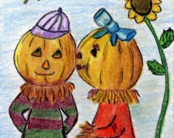 Halloween Pumpkin Love ACEO Print Color Pencil Painting 2.5 X 3.5