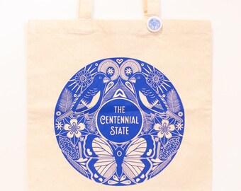 Colorado tote bag, The Centennial State souvenir featuring Colorado state symbols, colorado gift idea